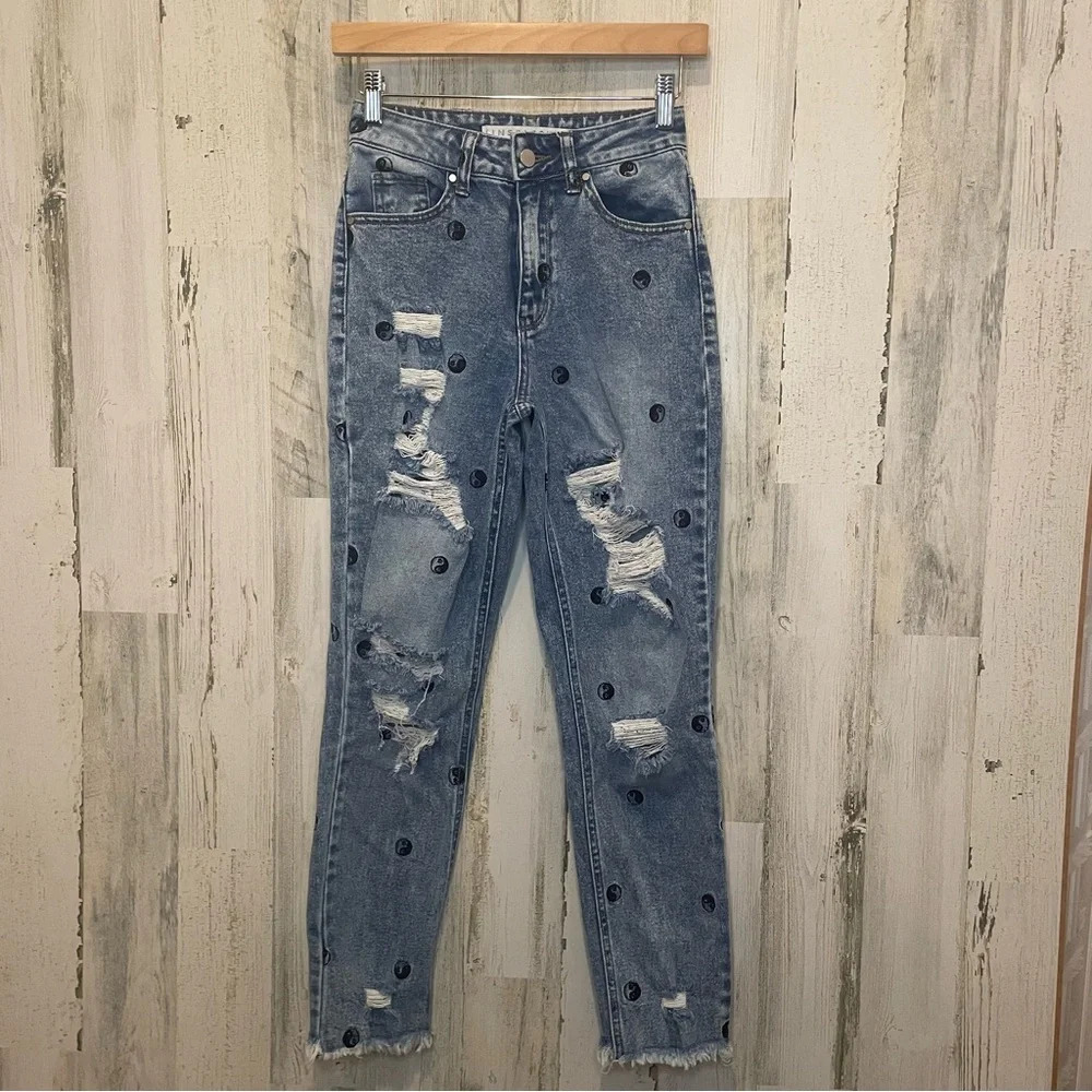 Tinseltown Yin-Yang Embroidered Distressed High Rise Jeans 90s Y2K size 1